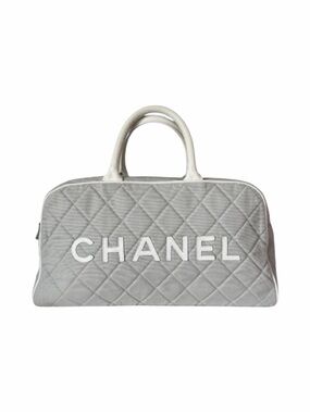 Chanel Sports Line Quilted Logo Bowler Bag Grey Canvas White Leather Trim